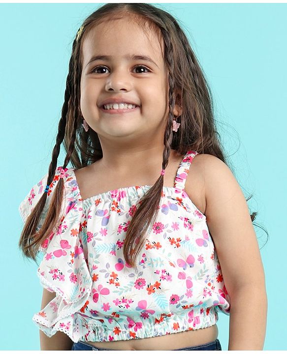 Babyhug 100% Rayon Woven Sleeveless One Shoulder Crop Top With Frill & Lace Detailing Floral Print- White