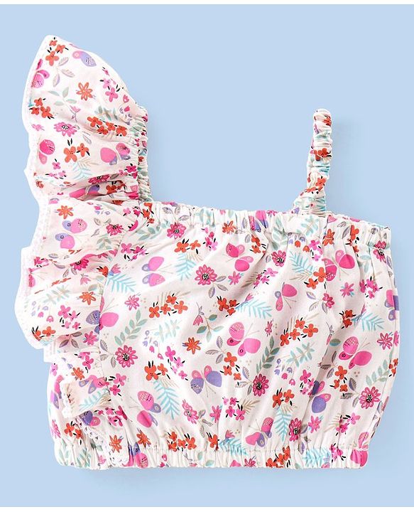 Babyhug 100% Rayon Woven Sleeveless One Shoulder Crop Top With Frill & Lace Detailing Floral Print- White