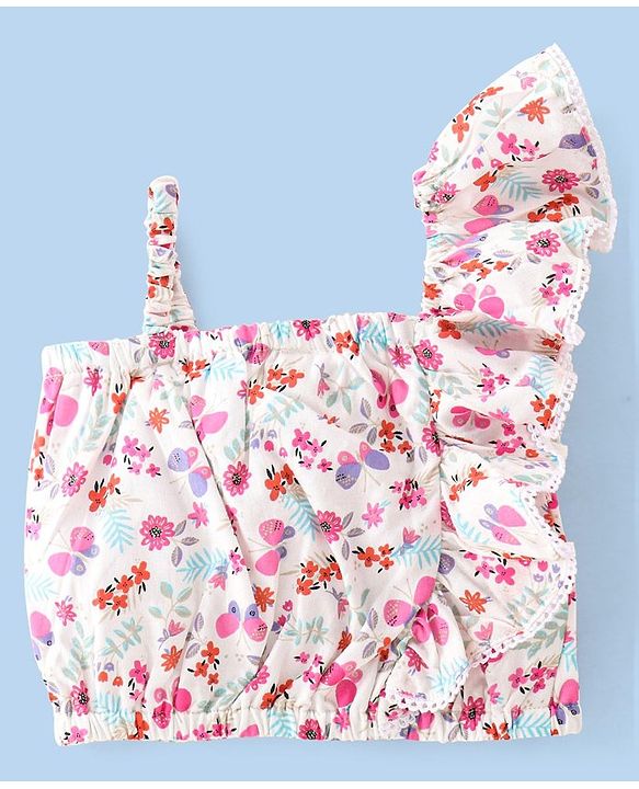 Babyhug 100% Rayon Woven Sleeveless One Shoulder Crop Top With Frill & Lace Detailing Floral Print- White