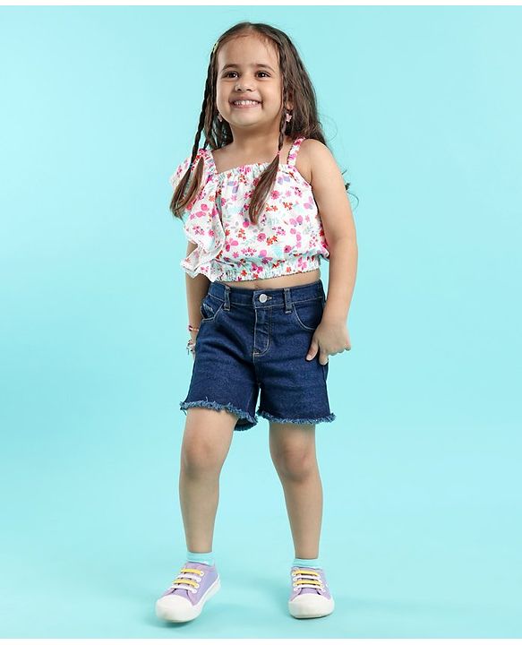 Babyhug 100% Rayon Woven Sleeveless One Shoulder Crop Top With Frill & Lace Detailing Floral Print- White