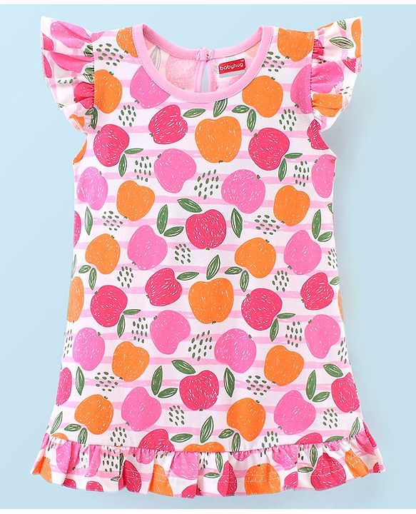 Babyhug Cotton Knit Frill Sleeves Nighty with Fruits Print - Multicolour