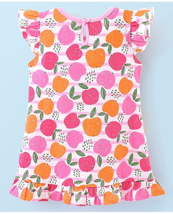 Babyhug Cotton Knit Frill Sleeves Nighty with Fruits Print - Multicolour