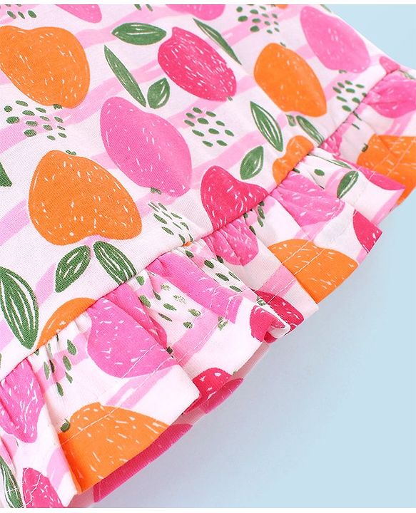 Babyhug Cotton Knit Frill Sleeves Nighty with Fruits Print - Multicolour