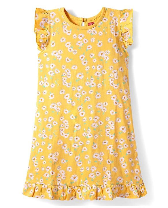 Babyhug Cotton Knit Short Sleeves Nighty Floral Print - Yellow