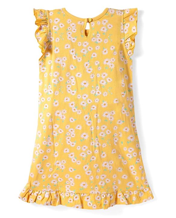Babyhug Cotton Knit Short Sleeves Nighty Floral Print - Yellow