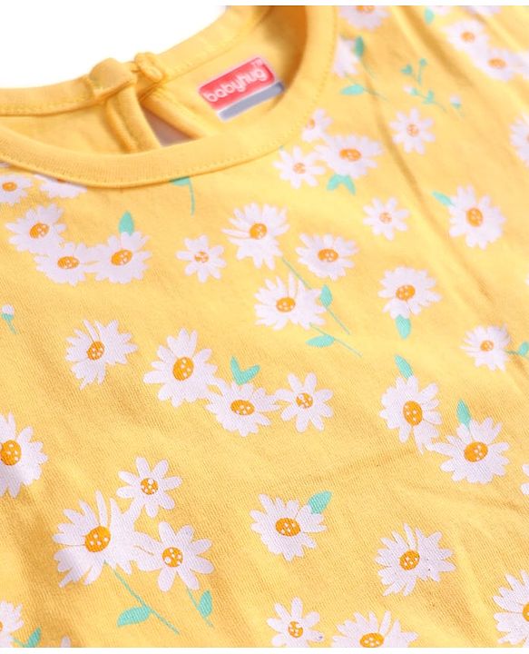 Babyhug Cotton Knit Short Sleeves Nighty Floral Print - Yellow