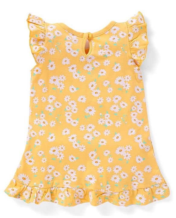 Babyhug Cotton Knit Short Sleeves Nighty Floral Print - Yellow