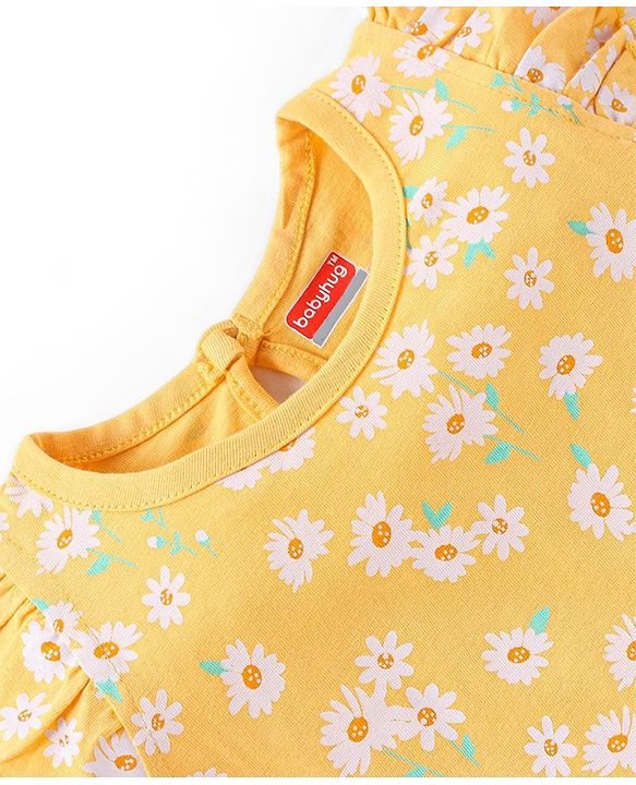 Babyhug Cotton Knit Short Sleeves Nighty Floral Print - Yellow