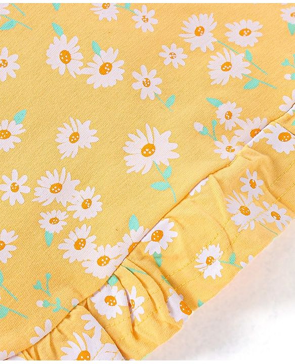 Babyhug Cotton Knit Short Sleeves Nighty Floral Print - Yellow