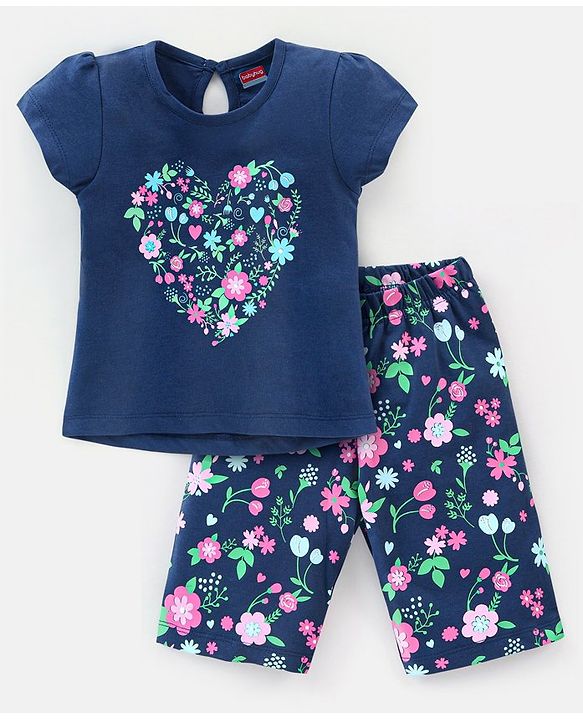 Babyhug Cotton Knit Cap Sleeves Capri Night Suit Floral Print - Navy