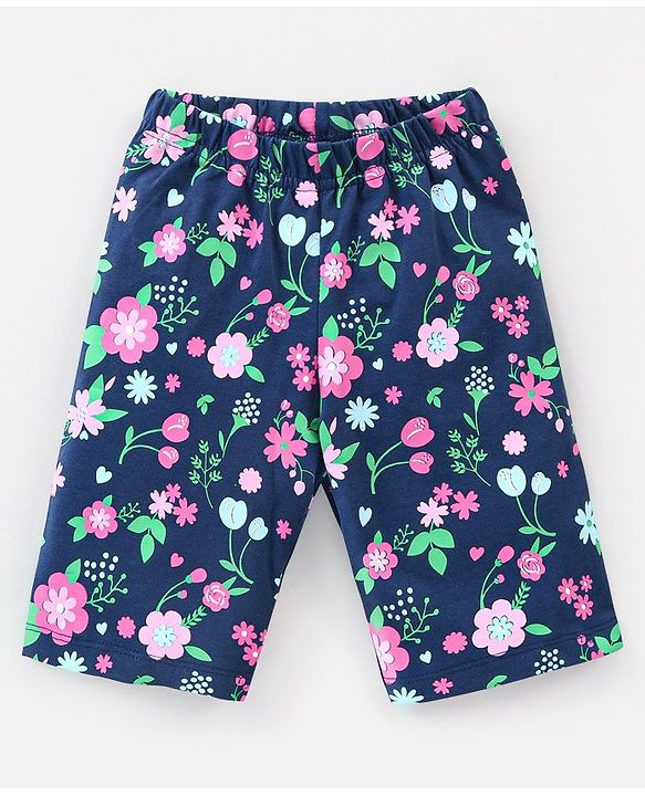 Babyhug Cotton Knit Cap Sleeves Capri Night Suit Floral Print - Navy