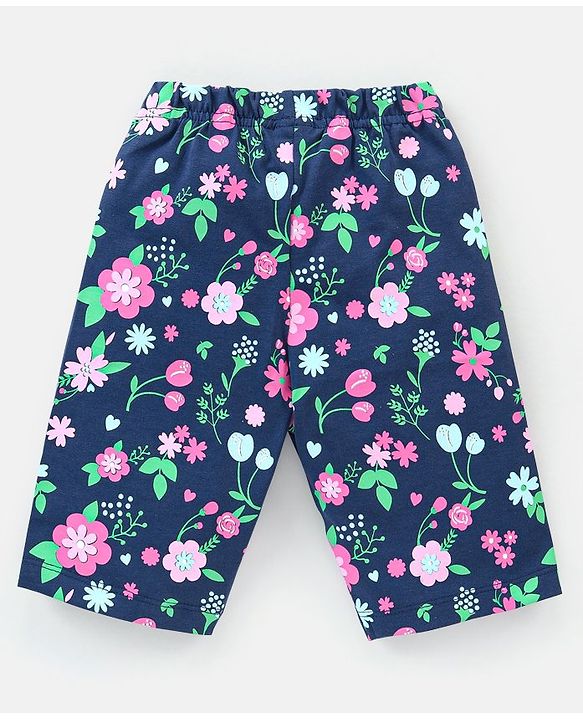 Babyhug Cotton Knit Cap Sleeves Capri Night Suit Floral Print - Navy