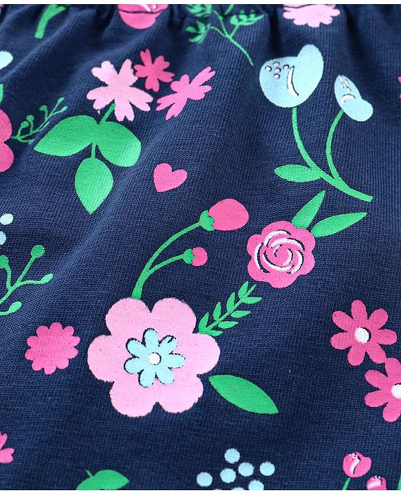 Babyhug Cotton Knit Cap Sleeves Capri Night Suit Floral Print - Navy