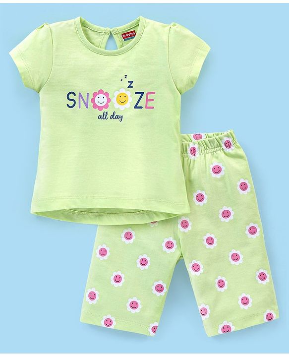 Babyhug Cotton Knit Cap Sleeves Capri Night Suit Snooze Print - Green