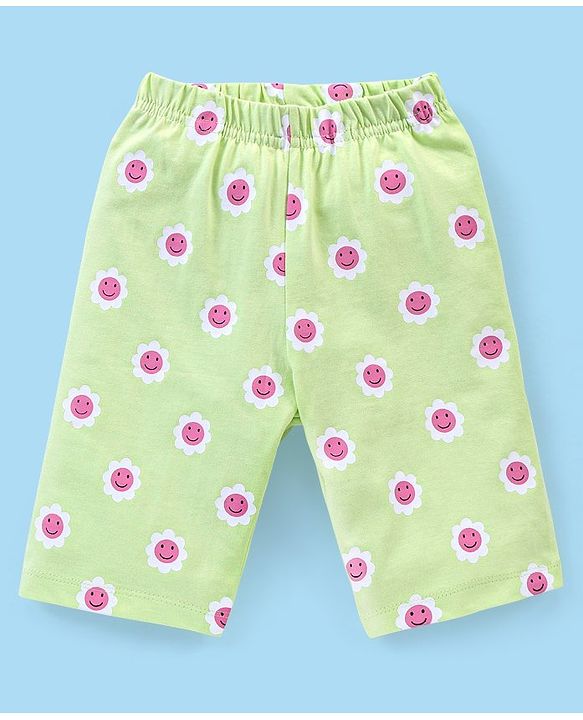 Babyhug Cotton Knit Cap Sleeves Capri Night Suit Snooze Print - Green