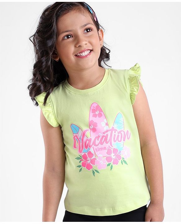 Babyhug 100% Cotton Woven Sleeveless Tee with Floral Graphic - Lime Green