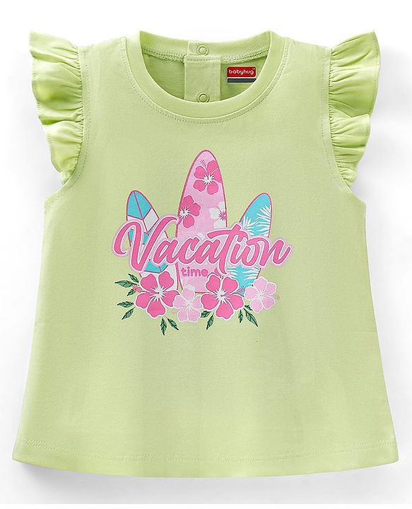 Babyhug 100% Cotton Woven Sleeveless Tee with Floral Graphic - Lime Green
