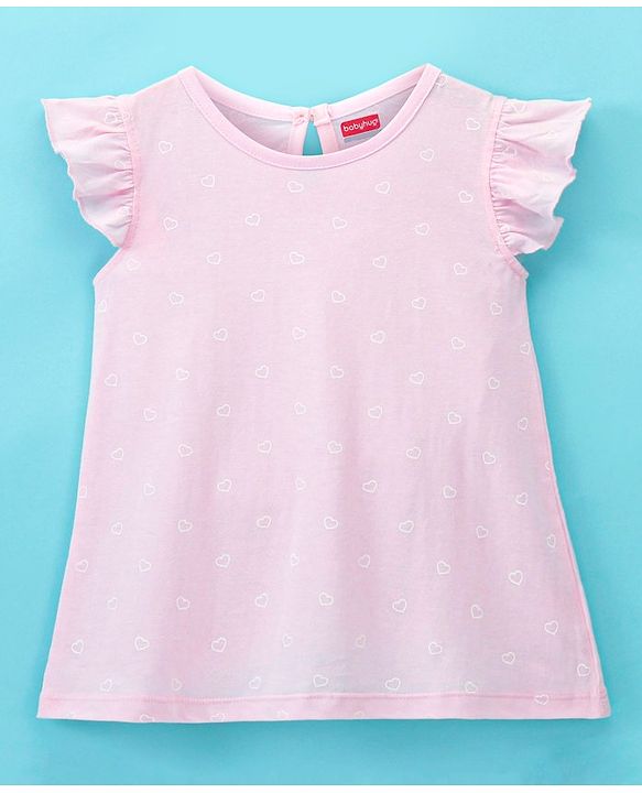 Babyhug Cotton Knit Frill Sleeves Nighty Heart Print - Pink