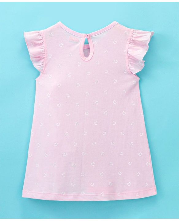 Babyhug Cotton Knit Frill Sleeves Nighty Heart Print - Pink