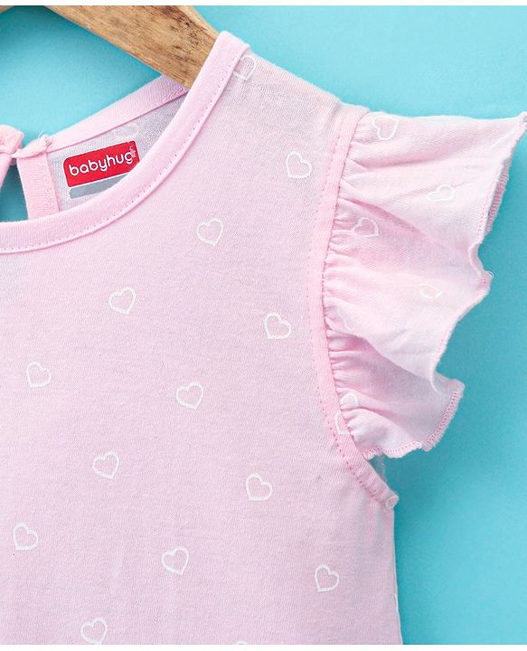 Babyhug Cotton Knit Frill Sleeves Nighty Heart Print - Pink
