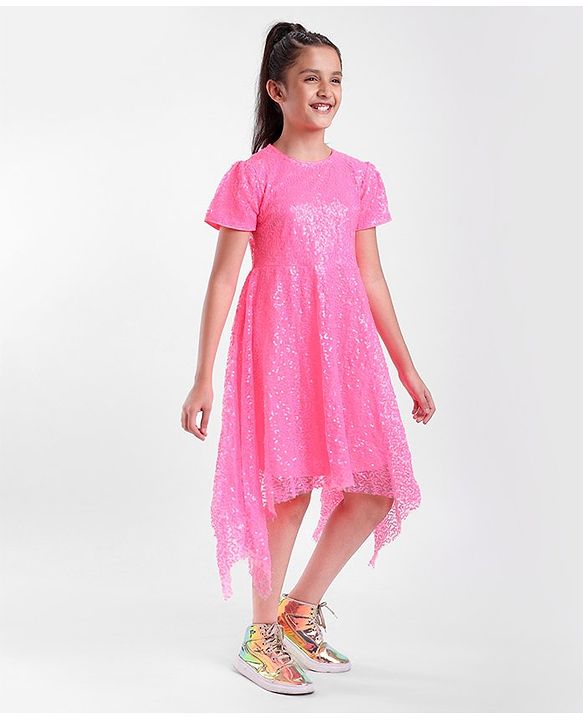 Pine Kids Half Sleeves Sequined Knee Length Party Dress with Asymmetrical Hem- Pink