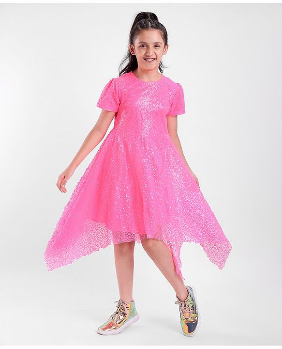 Pine Kids Half Sleeves Sequined Knee Length Party Dress with Asymmetrical Hem- Pink