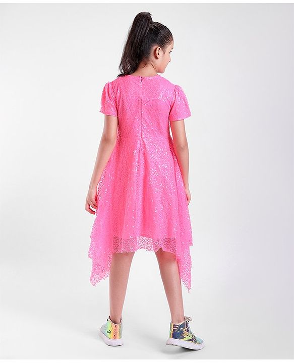 Pine Kids Half Sleeves Sequined Knee Length Party Dress with Asymmetrical Hem- Pink