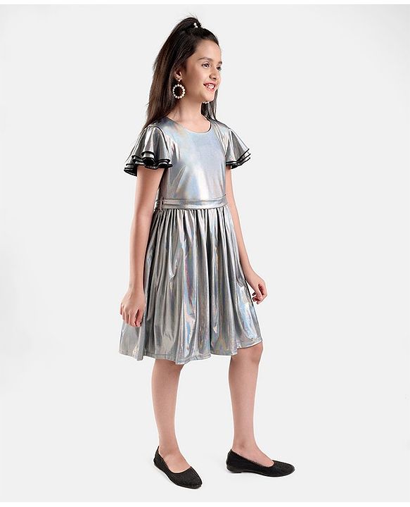 Pine Kids Half Sleeves Party Frock Solid Colour  - Silver