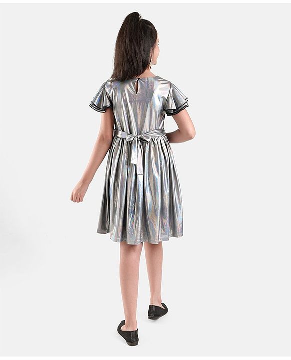 Pine Kids Half Sleeves Party Frock Solid Colour  - Silver