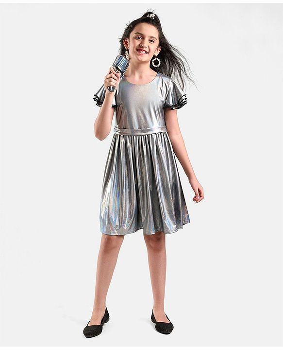 Pine Kids Half Sleeves Party Frock Solid Colour  - Silver