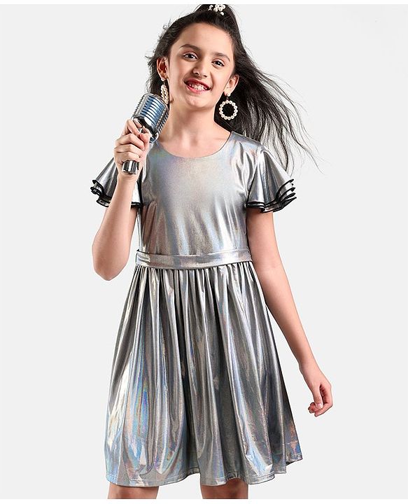 Pine Kids Half Sleeves Party Frock Solid Colour  - Silver