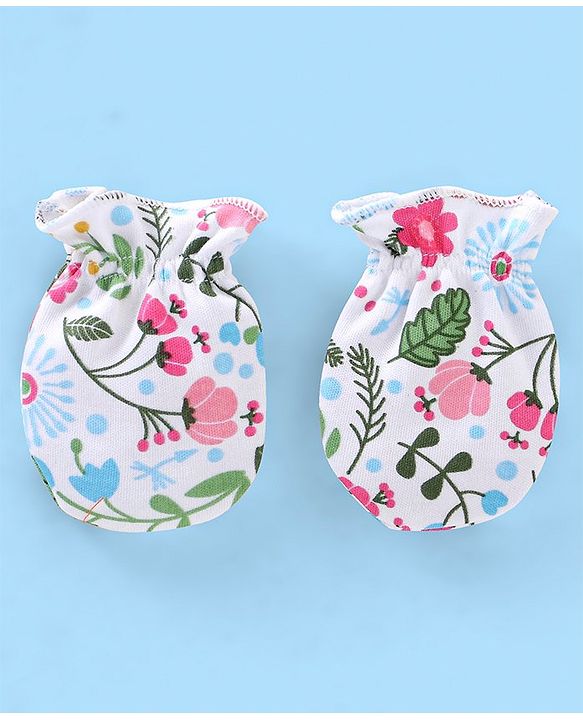 Babyhug 100% Cotton Floral print Mittens & Booties  - White