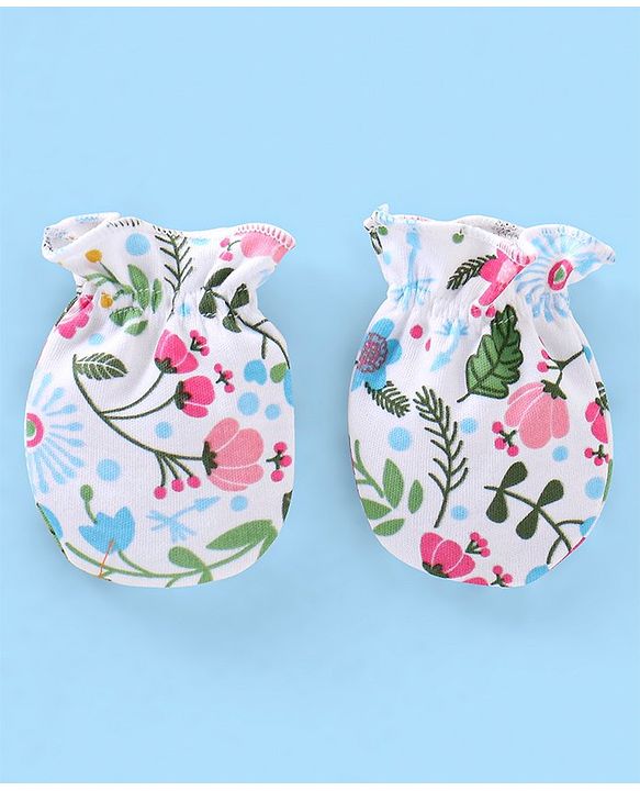 Babyhug 100% Cotton Floral print Mittens & Booties  - White