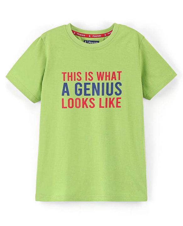 Pine Kids 100% Cotton Half Sleeves Biowashed T-Shirt Text Print - Lime Green