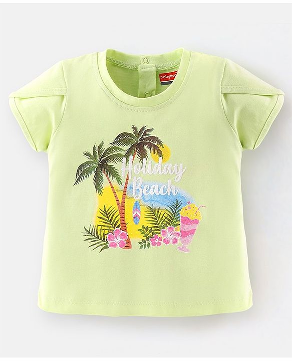 Babyhug 100% Cotton Half Sleeves Tee With Beach Graphics- Lime Green