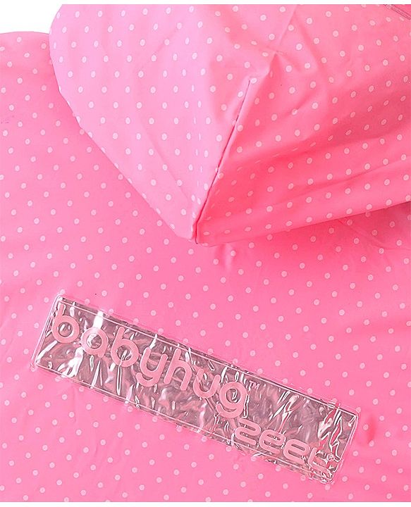 Babyhug Full Sleeves Calf Length Hooded  Raincoat Solid Colour Polka Dot Print- Pink