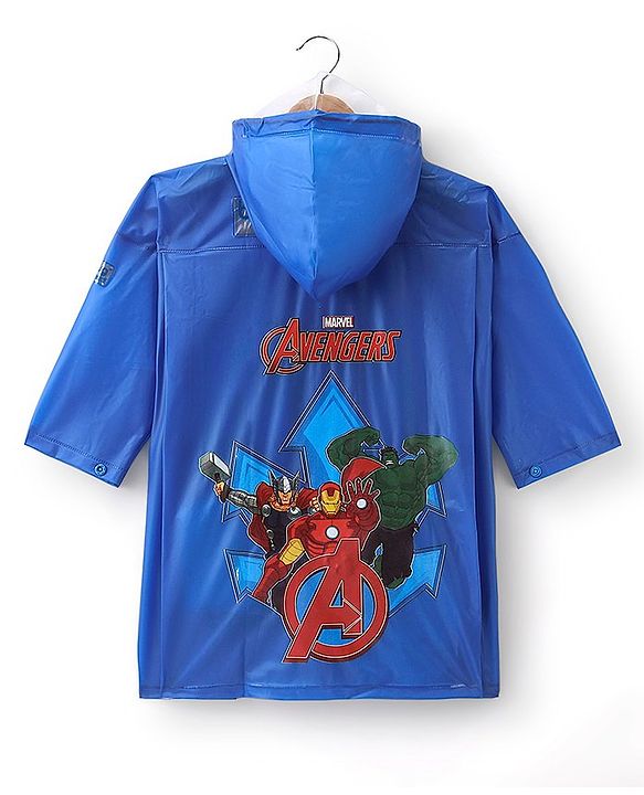 Babyhug Full Sleeve Calf Length Raincoat Avengers Print - Blue