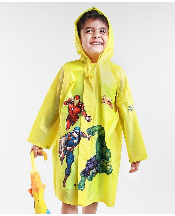 Babyhug Full Sleeves Hooded Raincoat Avengers Print - Yellow
