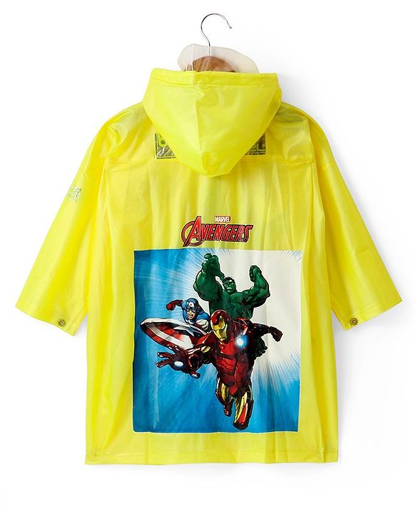 Babyhug Full Sleeves Hooded Raincoat Avengers Print - Yellow