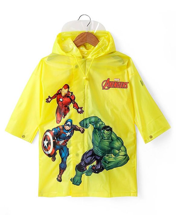 Babyhug Full Sleeves Hooded Raincoat Avengers Print - Yellow
