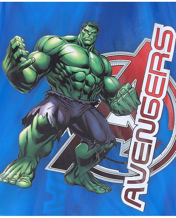 Babyhug Full Sleeves Calf Length Hooded Raincoat Avengers Print - Blue