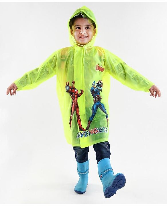 Babyhug Full Sleeves Hooded Raincoat Avengers Print - Green