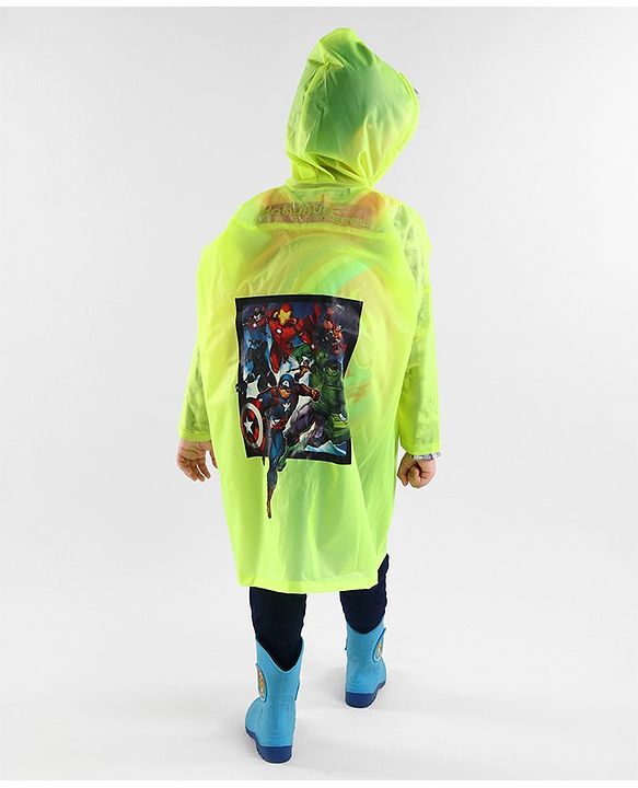 Babyhug Full Sleeves Hooded Raincoat Avengers Print - Green