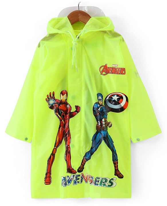 Babyhug Full Sleeves Hooded Raincoat Avengers Print - Green