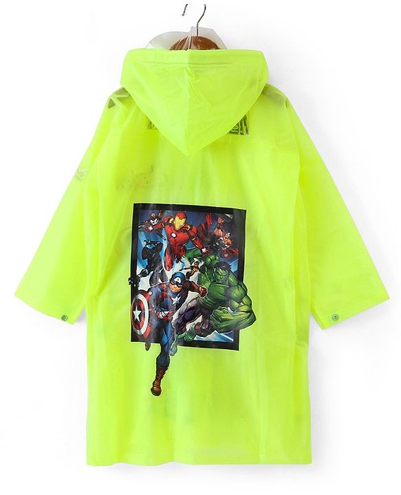 Babyhug Full Sleeves Hooded Raincoat Avengers Print - Green
