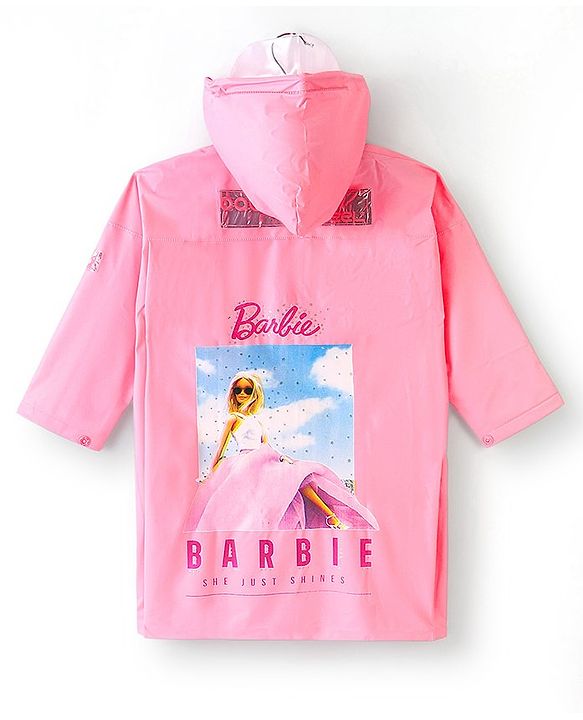 Babyhug Full Sleeves Calf Length Hooded Raincoat Barbie Print - Pink