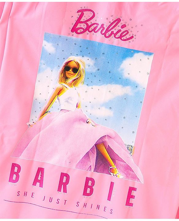 Babyhug Full Sleeves Calf Length Hooded Raincoat Barbie Print - Pink