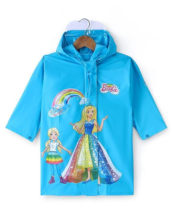 Babyhug Full Sleeve Calf Length Hooded Raincoat Barbie Print - Blue