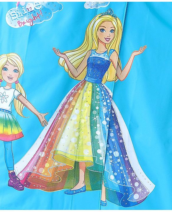 Babyhug Full Sleeve Calf Length Hooded Raincoat Barbie Print - Blue