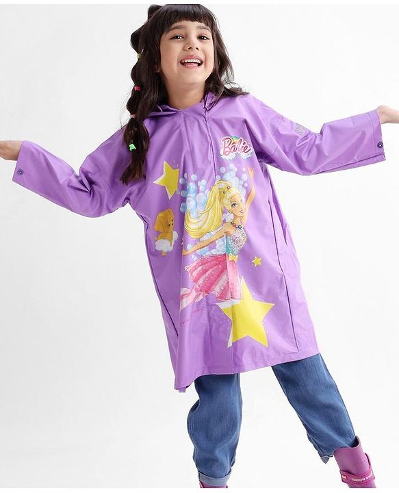 Babyhug Full Sleeves Hooded Barbie Graphics Raincoat - Purple